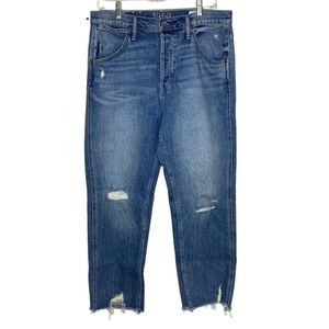 Gap high rise wide leg lightly distressed jeans in dark indigo
